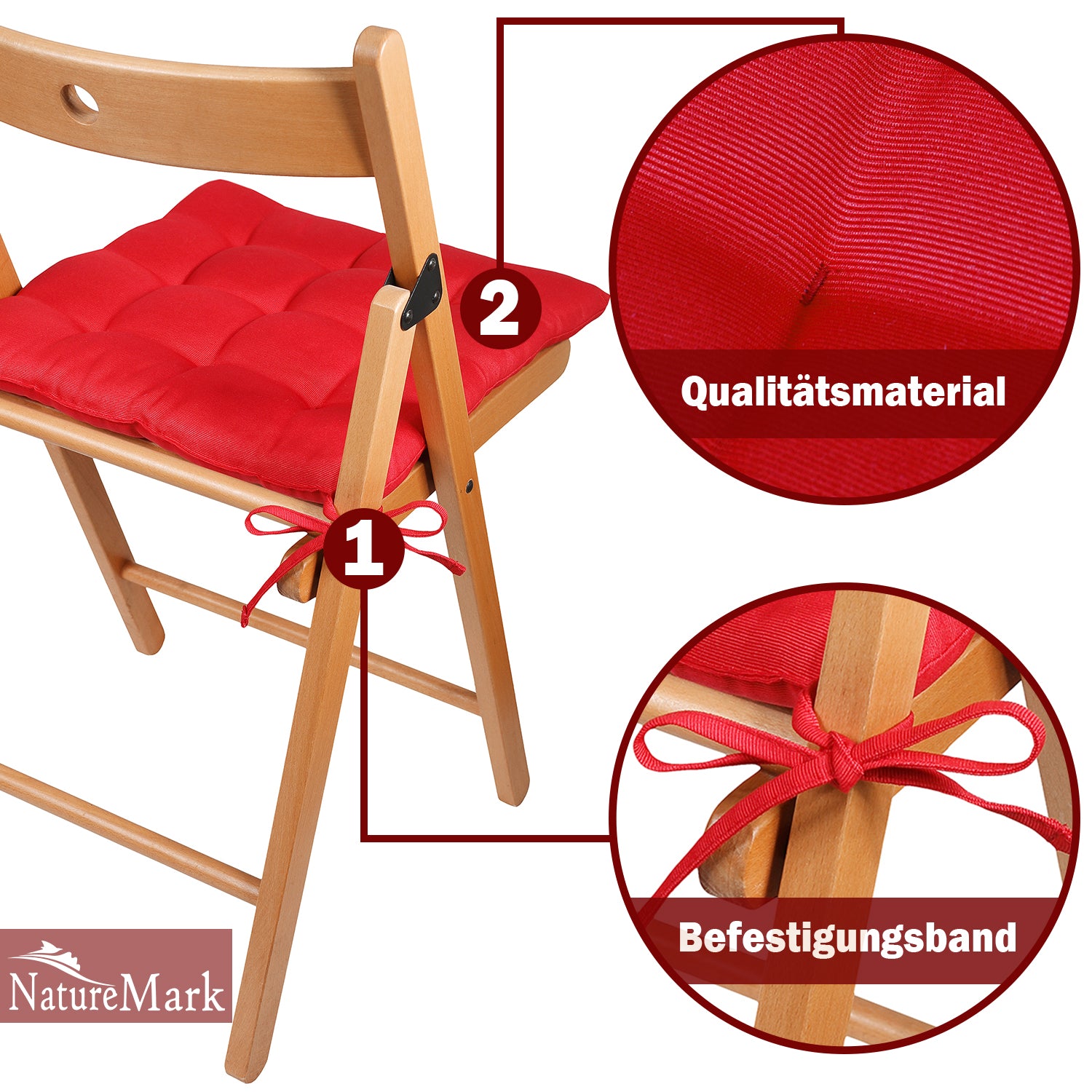 NatureMark 4er Set Stuhlkissen mit Bändern 40x40 cm – Gefüllte Sitzkissen, Outdoor & Indoor