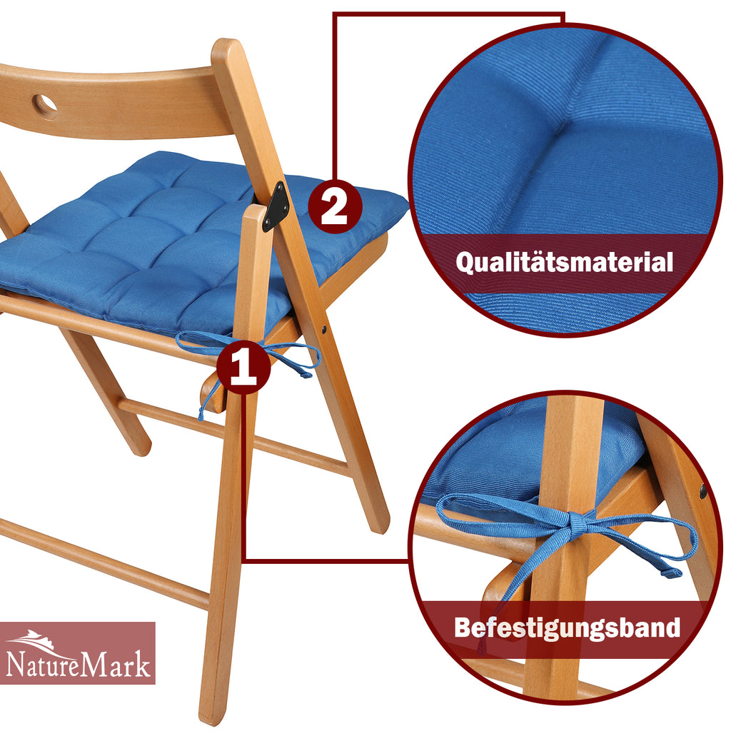 NatureMark 4er Set Stuhlkissen mit Bändern 40x40 cm – Gefüllte Sitzkissen, Outdoor & Indoor