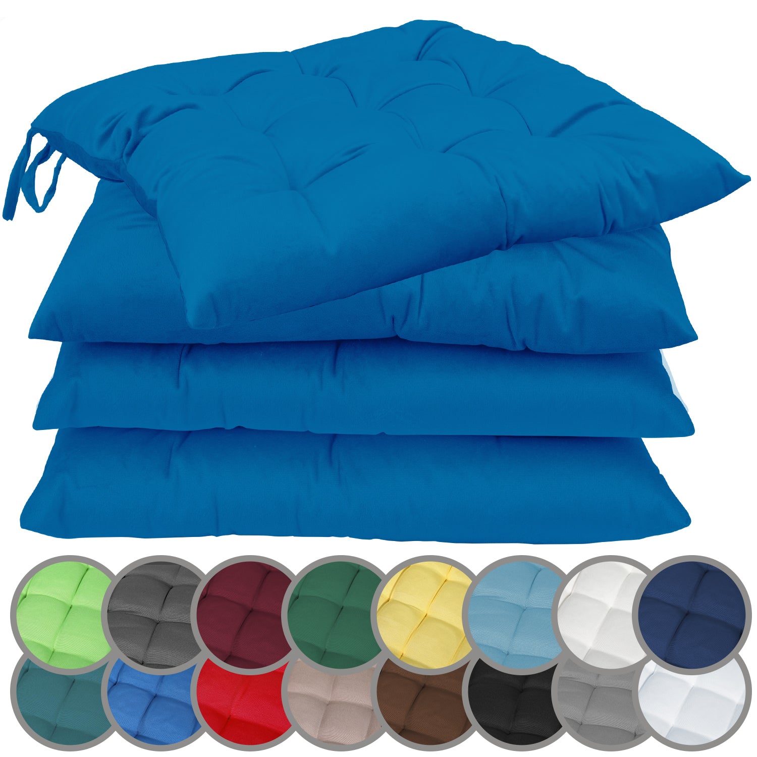 NatureMark 4er Set Stuhlkissen mit Bändern 40x40 cm – Gefüllte Sitzkissen, Outdoor & Indoor