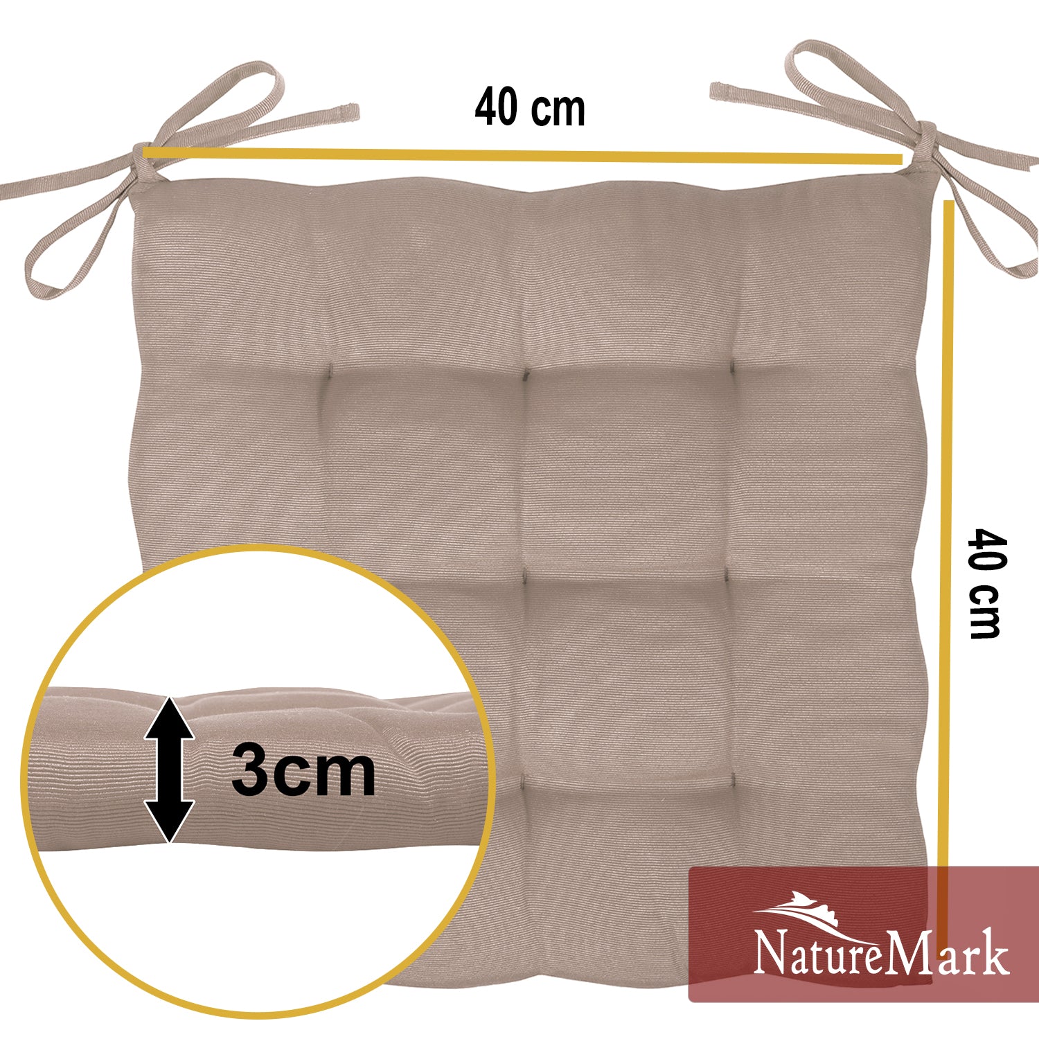 NatureMark 4er Set Stuhlkissen mit Bändern 40x40 cm – Gefüllte Sitzkissen, Outdoor & Indoor