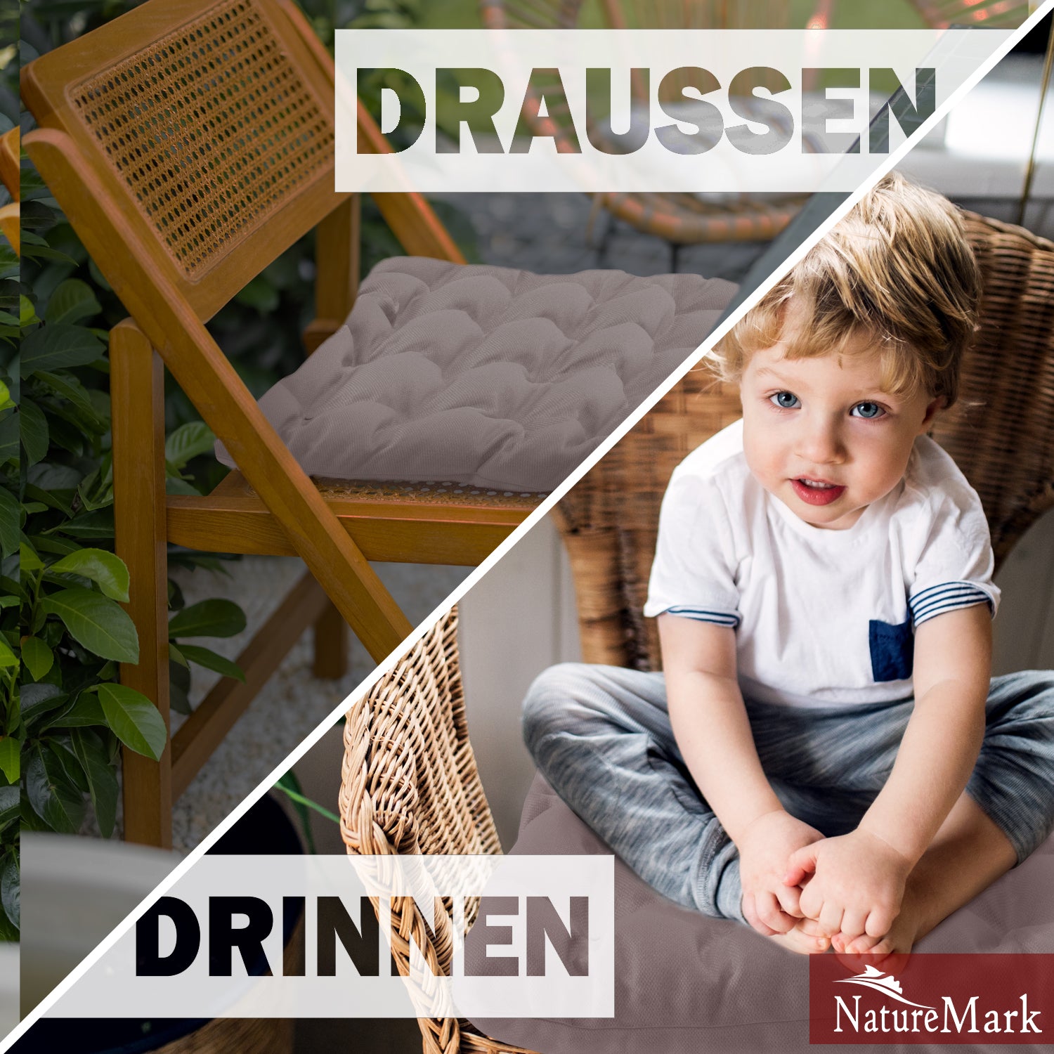 NatureMark 4er Set Stuhlkissen mit Bändern 40x40 cm – Gefüllte Sitzkissen, Outdoor & Indoor
