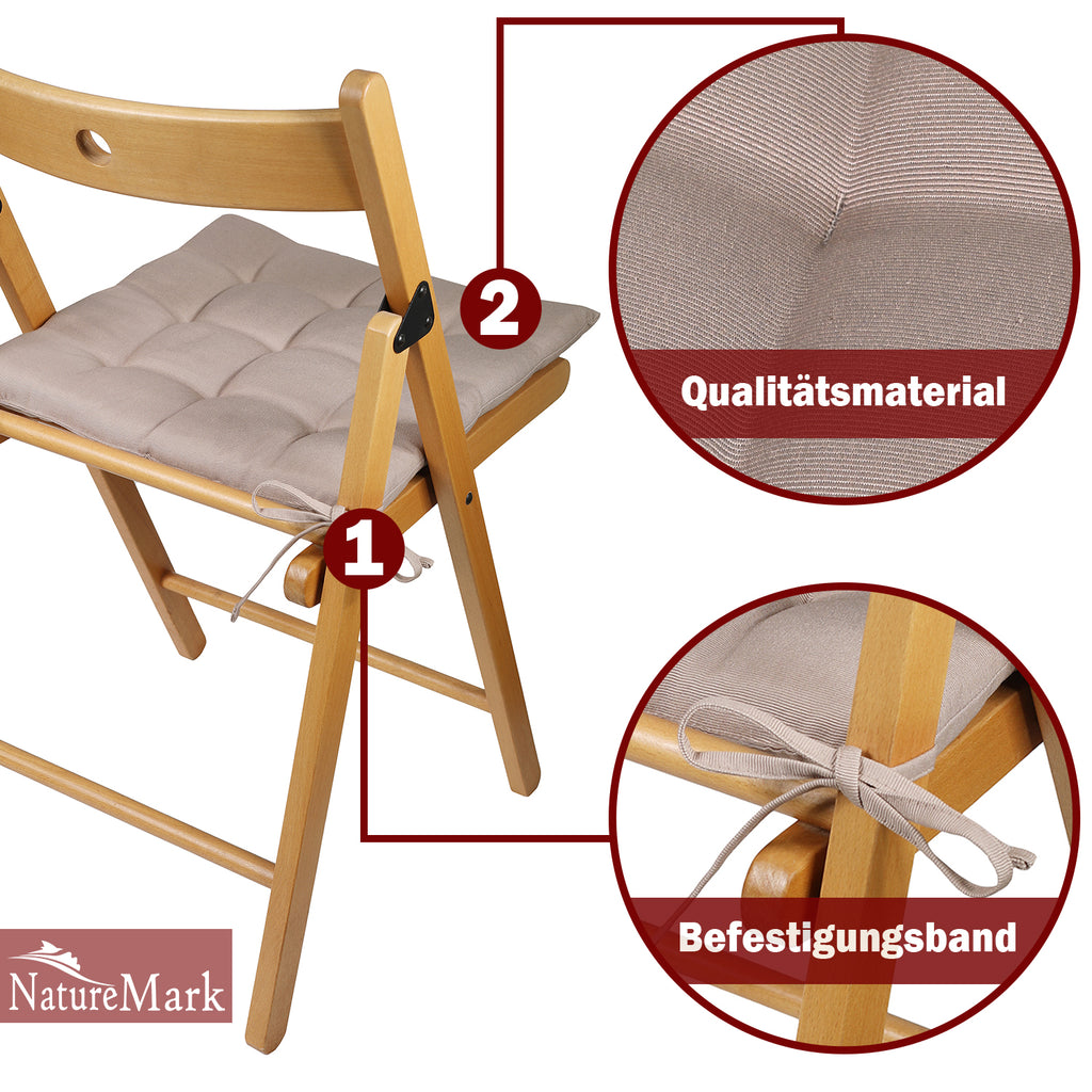 NatureMark 4er Set Stuhlkissen mit Bändern 40x40 cm – Gefüllte Sitzkissen, Outdoor & Indoor