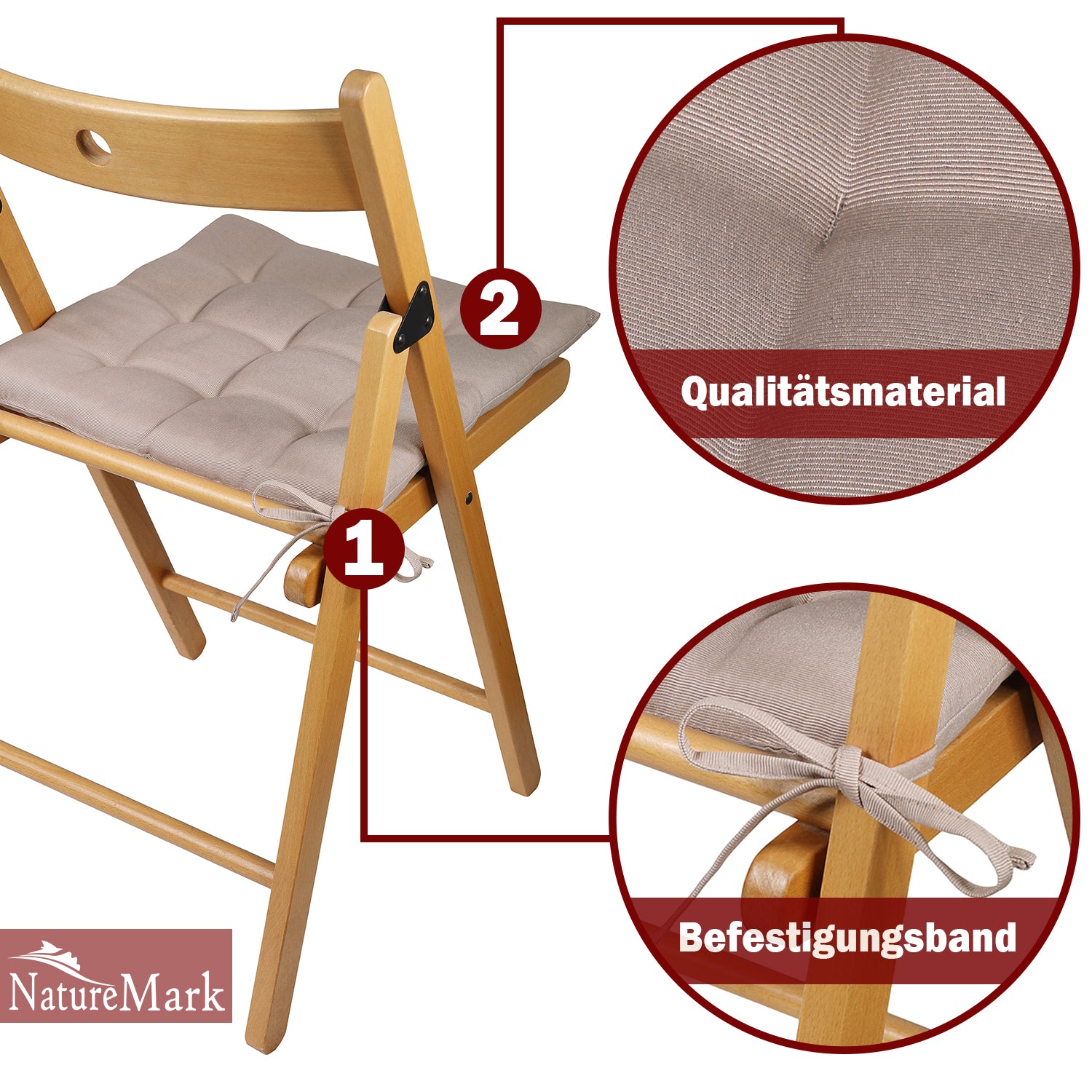 NatureMark 4er Set Stuhlkissen mit Bändern 40x40 cm – Gefüllte Sitzkissen, Outdoor & Indoor