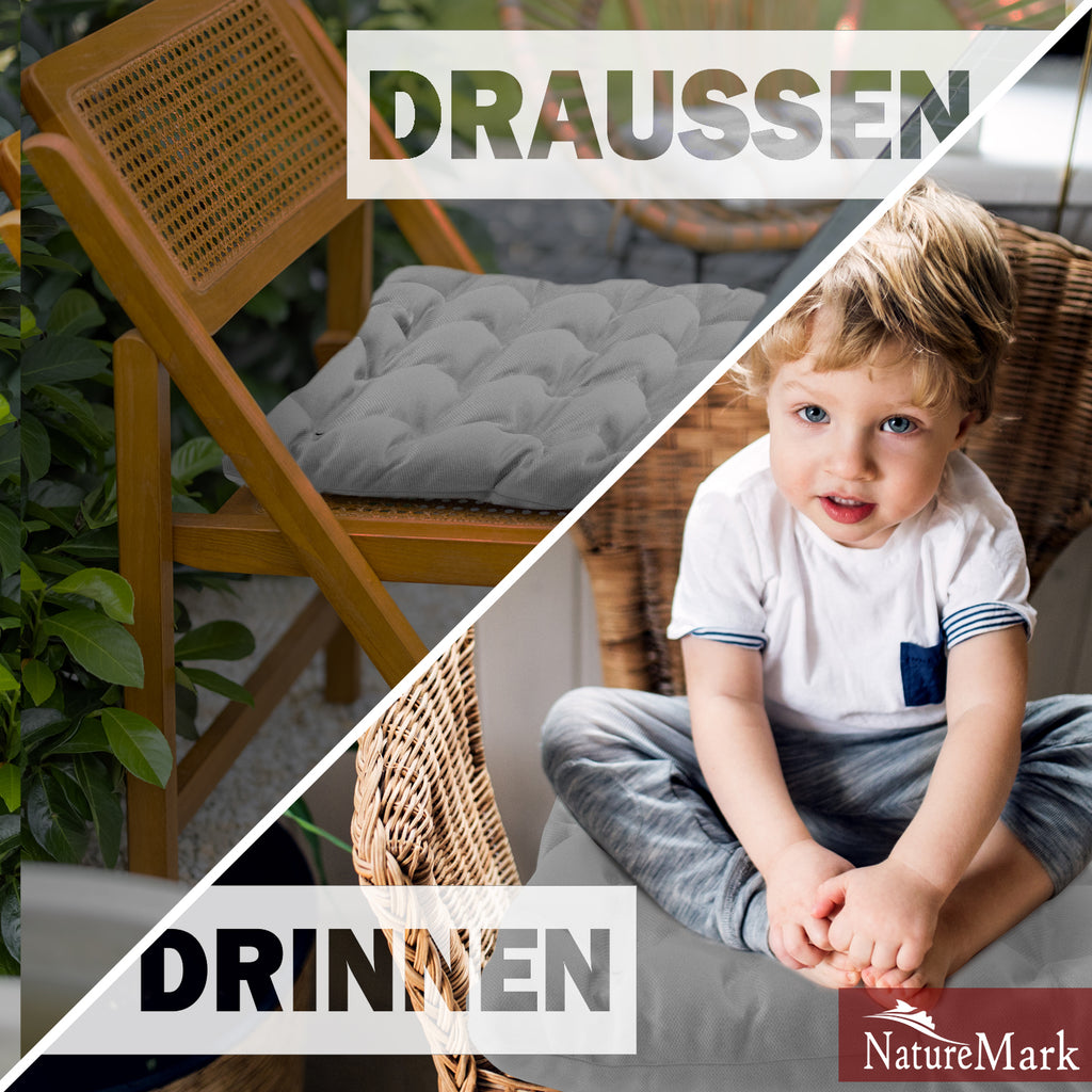 NatureMark 4er Set Stuhlkissen mit Bändern 40x40 cm – Gefüllte Sitzkissen, Outdoor & Indoor