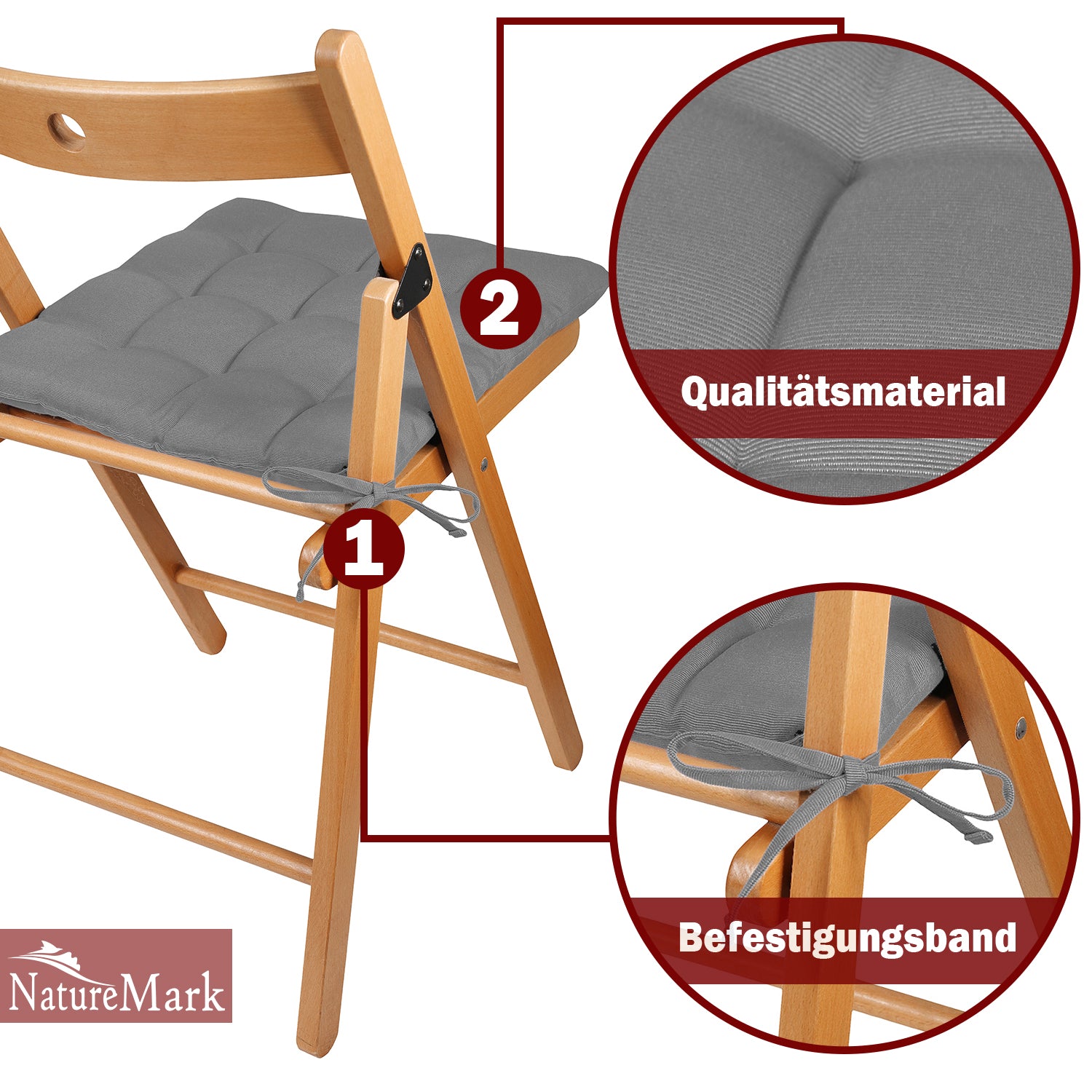 NatureMark 4er Set Stuhlkissen mit Bändern 40x40 cm – Gefüllte Sitzkissen, Outdoor & Indoor