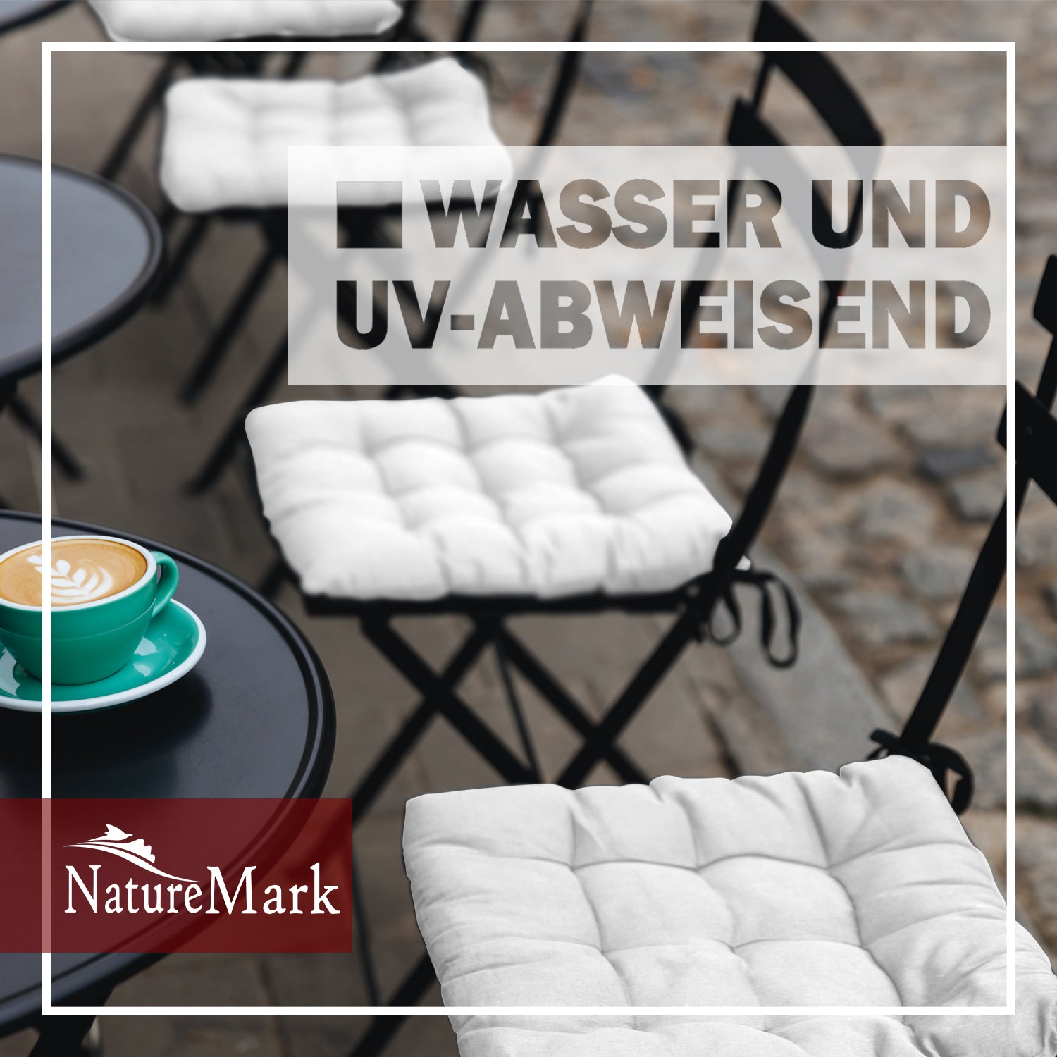 NatureMark 4er Set Stuhlkissen mit Bändern 40x40 cm – Gefüllte Sitzkissen, Outdoor & Indoor