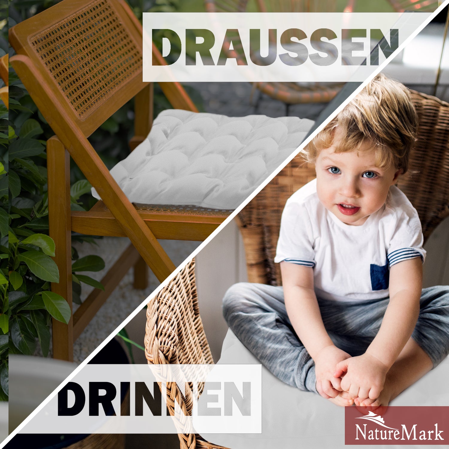 NatureMark 4er Set Stuhlkissen mit Bändern 40x40 cm – Gefüllte Sitzkissen, Outdoor & Indoor