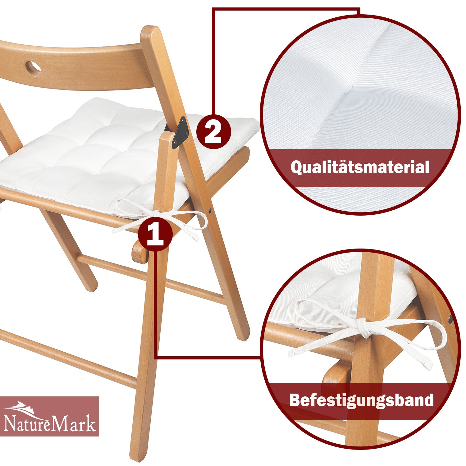 NatureMark 4er Set Stuhlkissen mit Bändern 40x40 cm – Gefüllte Sitzkissen, Outdoor & Indoor