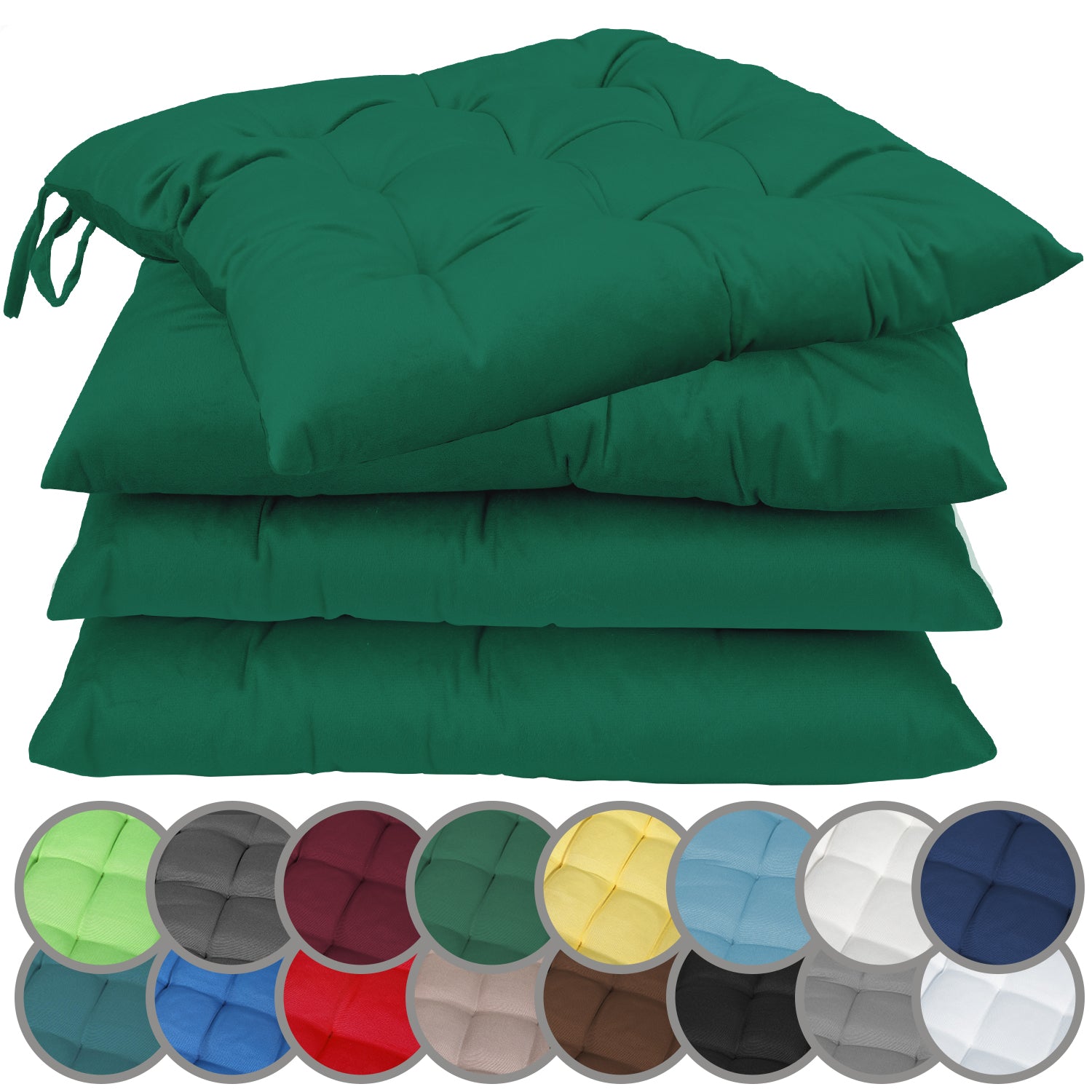 NatureMark 4er Set Stuhlkissen mit Bändern 40x40 cm – Gefüllte Sitzkissen, Outdoor & Indoor