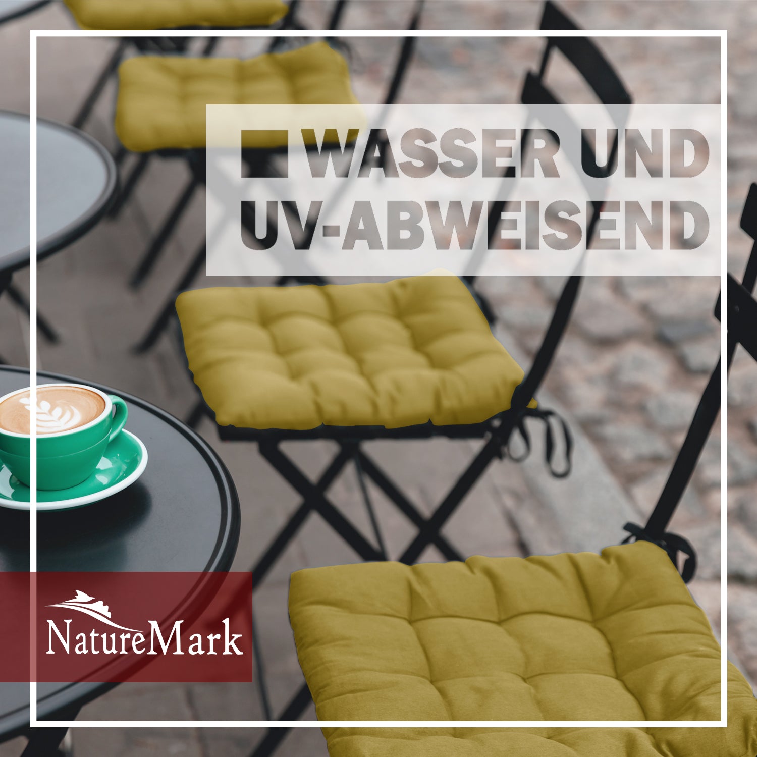 NatureMark 4er Set Stuhlkissen mit Bändern 40x40 cm – Gefüllte Sitzkissen, Outdoor & Indoor