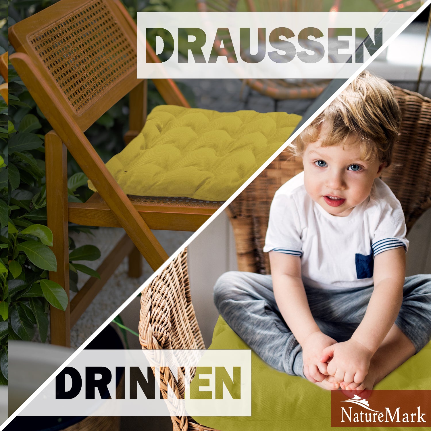 NatureMark 4er Set Stuhlkissen mit Bändern 40x40 cm – Gefüllte Sitzkissen, Outdoor & Indoor